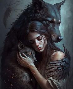 a woman hugging a wolf with wings on her chest and the wolf is behind her