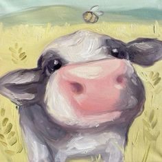 a painting of a cow with a bee on it's nose in the grass