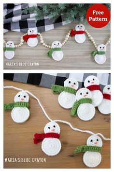 crocheted snowman ornament pattern and instructions to make it with yarn