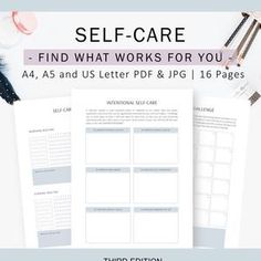 the self care worksheet is shown on top of a table with other items