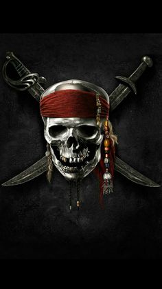 a pirate skull with two crossed swords and a red bandana on it's head