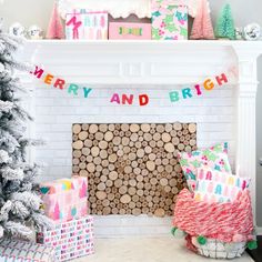 a decorated fireplace with presents on the mantle