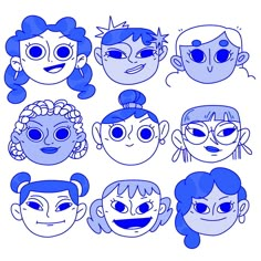 cartoon faces with different facial expressions and hair styles, all drawn in blue ink on white paper