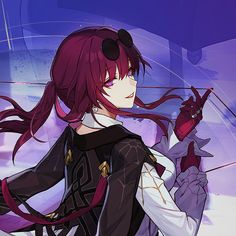 an anime character with long red hair and black outfit holding a bow in her hand