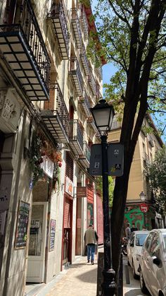 a street light sitting next to a tree on the side of a road in front of a tall building