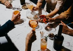 people sitting around a table holding wine glasses