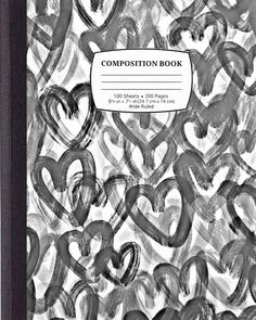 a composition book with hearts drawn on the front and back cover, in black and white