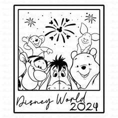 winnie the pooh and friends disney world coloring page with fireworks in the sky behind them