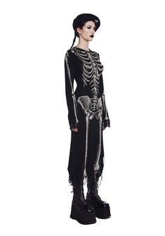 This midi dress has a stretchy knit construction, a ribbed collared neckline, skeleton bone anatomy print on the front, a distressed design, and an asymmetrical hemline. Skeleton Inspired Fashion, Knit Skeleton, Bone Dress Skeletons, Womans Skeleton Costume Dresses, Edgy Fitted Skull Print Dress, Bone Anatomy, Dolls Kill Black Boots, Faux Fur Outfit, Bone Collector