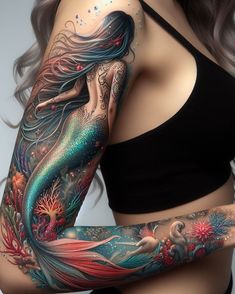 Ink your dreams with aquatic magic. A mermaid perched on a shipwreck, her tail swirling like a tempest. 2 Seahorses Tattoo, Warrior Mermaid Tattoo, Mystical Mermaid Tattoo, Aquatic Tattoo For Women, Aquatic Tattoo Ideas, Mermaid Tattoos For Women, Mermaid Back Tattoo, Mermaid Arm Tattoo