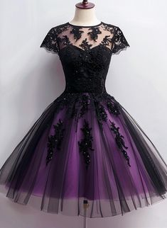 Cute Black And Purple Tulle Short Sleeves Party Dress, Tulle Short Hom – classygown Short Sleeve Party Dress With Illusion Neckline, Party Dress With Illusion Neckline And Short Sleeves, Short Sleeve Dress With Illusion Neckline For Party, Prom Dress Medium Length, Purple Short Sleeve Evening Dress For Party, Black Tulle Dress With Illusion Neckline, Fitted Tulle Dress With Illusion Neckline, Purple Tulle Dress For Banquet, Black Organza Dresses For Prom