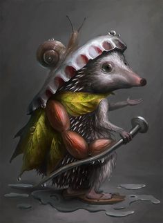 a painting of a rat holding a wrench and wearing a hat with leaves on it