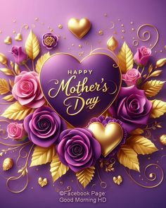 happy mother's day card with roses and hearts on purple background, gold foil lettering