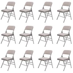 six rows of folding chairs with gray fabric on the back and sides, all facing different directions