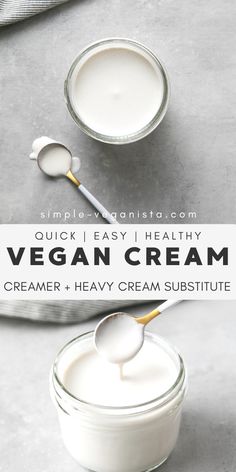 an image of vegan cream with spoons in it and the text overlay reads quick easy healthy vegan cream