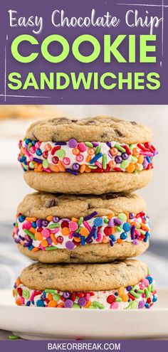 chocolate chip cookie sandwiches stacked on top of each other with colorful sprinkles