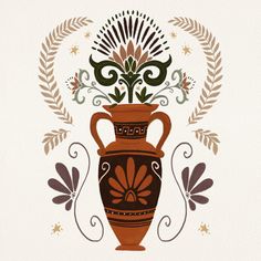 a brown vase with flowers and leaves on it