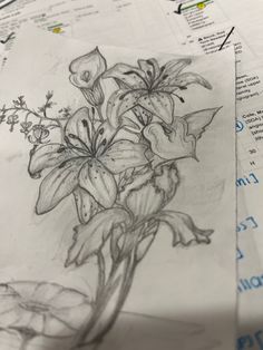 a pencil drawing of flowers sitting on top of paper