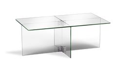 a glass table with a metal base and two sections on each side, all in clear plastic