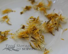 dried flowers on a white plate with the words food storage and strivini