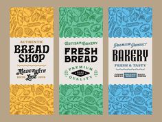 three different types of bread packagings with hand drawn designs on the front and back