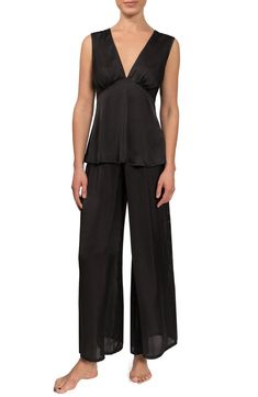 Everyday Ritual Wide Leg Satin Pajamas | Nordstrom Elegant Sleeveless Sleep Sets, Sleeveless Satin Sleepwear For Night Out, Chic Satin Sleepwear For Evening, Chic Satin Evening Sleepwear, Chic Satin Sleepwear For Loungewear, Chic Sleeveless Sleepwear For Evening, Satin V-neck Evening Set, Modal Satin V-neck Sleepwear For Loungewear, Chic Sleeveless Sleepwear