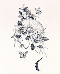 a black and white drawing of flowers with a butterfly flying over the top of it