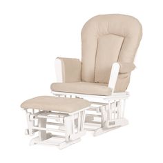 a white rocking chair and foot stool with beige seat cushion on an isolated white background