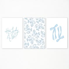 three cards with blue and white designs on them