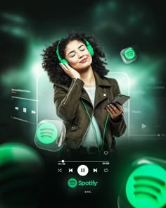 a woman listening to music with headphones on her ears and green lights around her