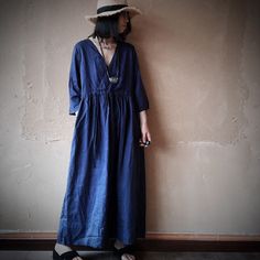 Summer Dark Blue V-Neck Linen Maxi Dress with Long Sleeves Blue Linen Casual Dress For Spring, Casual Blue Linen Dress, Casual Blue Linen Dress For Work, Spring Blue Linen Dress For Daywear, Cotton V-neck Maxi Dress, Spring V-neck Ramie Dress, Solid Linen Maxi Dress For Spring, Relaxed Fit Linen V-neck Dress For Work, V-neck Linen Dress For Workwear With Relaxed Fit