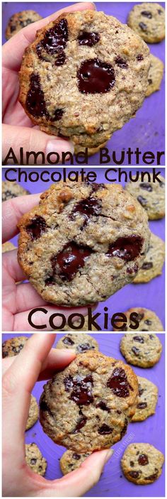 two pictures showing the process of making chocolate chip cookies with almond butter and cranberry sauce