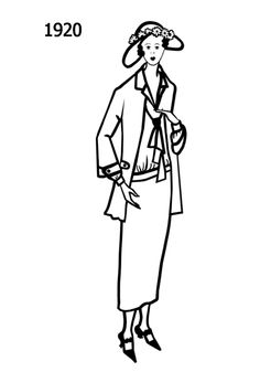 a drawing of a woman in a dress and hat with her hands on her hips