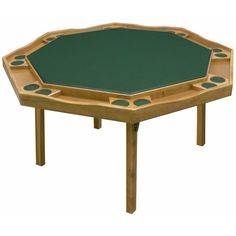 an octagonal wooden table with green felt on the top and two small holes in the middle