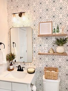 a white toilet sitting under a bathroom mirror next to a wall mounted shelf filled with potted plants