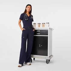 Official FIGS® Scrubs. Ridiculously Soft Scrubs Designed Just For You. Get Free Shipping On Orders $50+! | FIGS Womens Navy High Waisted Isabel Wide Leg - Tall Scrub Pant Women’s Scrubs, Audiology Office, Modest Pants, Winter Scrubs, Scrub Shoes, Black Figs, Leg Scrub, Medical Scrubs Outfit, Navy Scrubs