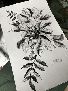 a drawing of flowers with leaves on paper