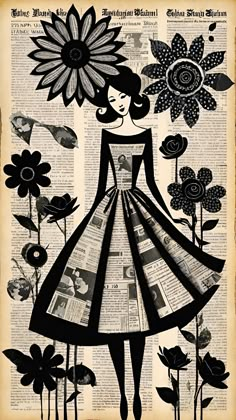 a woman in a dress with flowers on her head and newspaper pages around her neck