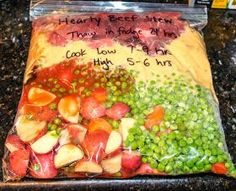 a bag filled with lots of food on top of a counter