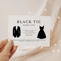 a person holding up a business card with a black tie wedding attire design on it