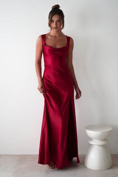 Riviera Soft Satin Maxi Gown | Berry Red Red Gala Dresses, Stranger Things Dress, Christmas Maxi Dress, Satin Prom Dress Long, One Shoulder Dresses, Fashion Dresses For Women, Diy Wedding Dress, Classy Prom Dresses, Shoulder Dresses