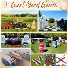 an advertisement for giant yard games with lots of tables and chairs