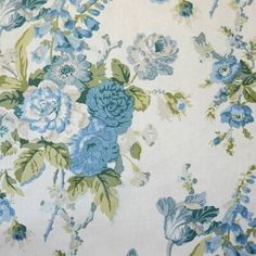 a blue and green flowered fabric with leaves on the bottom, in an upholstered pattern