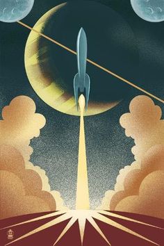 an illustration of a rocket taking off into the sky with clouds and moon in the background