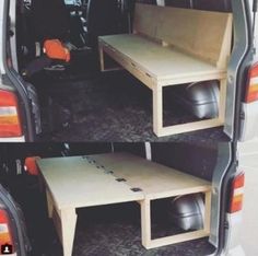 the back end of a van with two tables in it