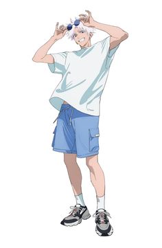 an anime character in blue shorts and a white t - shirt with his hands on his head