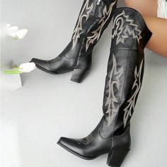 - Over The Knee Thigh High Cowboy Boot - Western Styling With Contrast Stitching Detail - Pointed Closed Toe Item Takes 4-7 Business Days To Ship. If You Have Any Questions Or Concerns, Please Feel Free To Reach Out . Western High Heel Knee-high Boots, Western Black Knee-high Boots For Fall, Black Western Knee-high Boots For Fall, Black Knee-high Boots For Spring, Black Over-the-knee Heeled Boots For Spring, Fitted Black Western Heeled Boots, Western Black Knee-high Boots For Spring, Western Style Fitted Heeled Winter Boots, Black Over-the-knee Boots For Fall