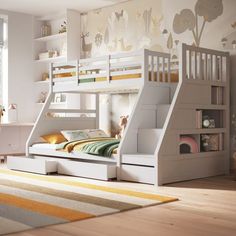 a child's bedroom with bunk beds and bookshelves