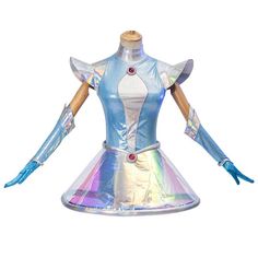 an image of a woman's dress made out of shiny material and blue gloves