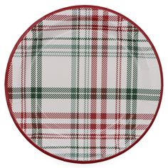 a red and green plaid plate on a white background